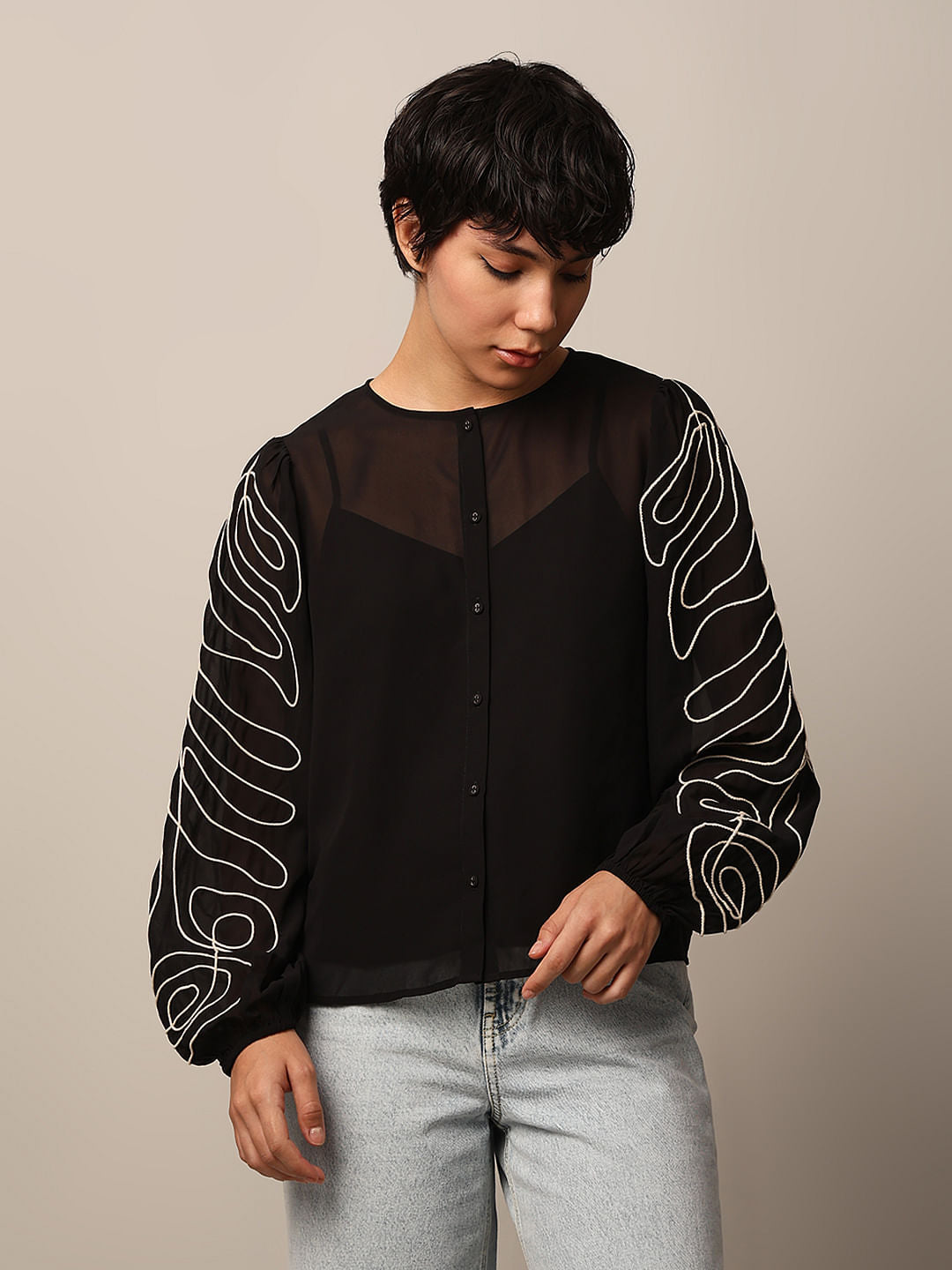 Black Embroidered Sleeves Shirt