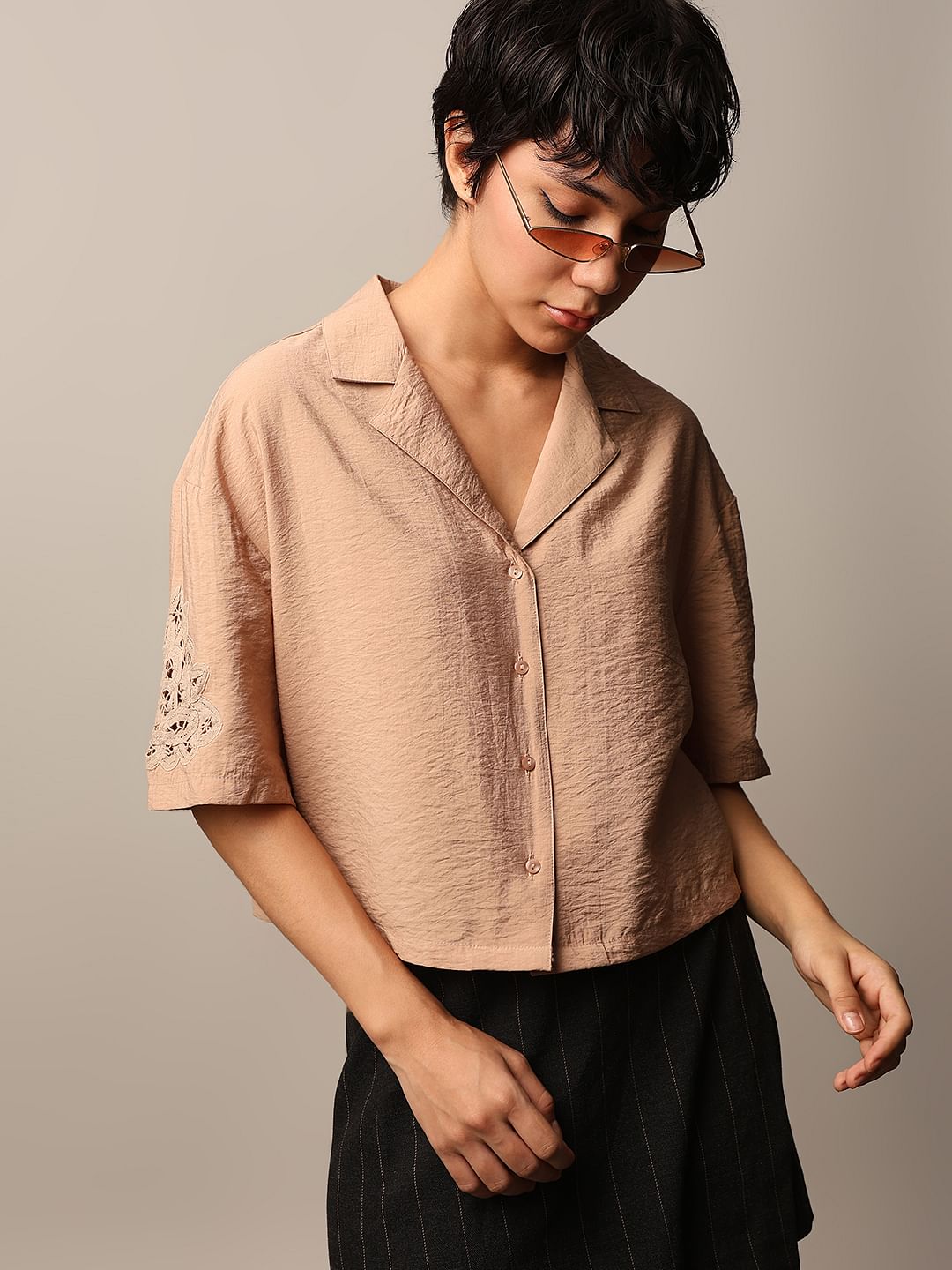 Brown Lace Insert Sleeves Shirt