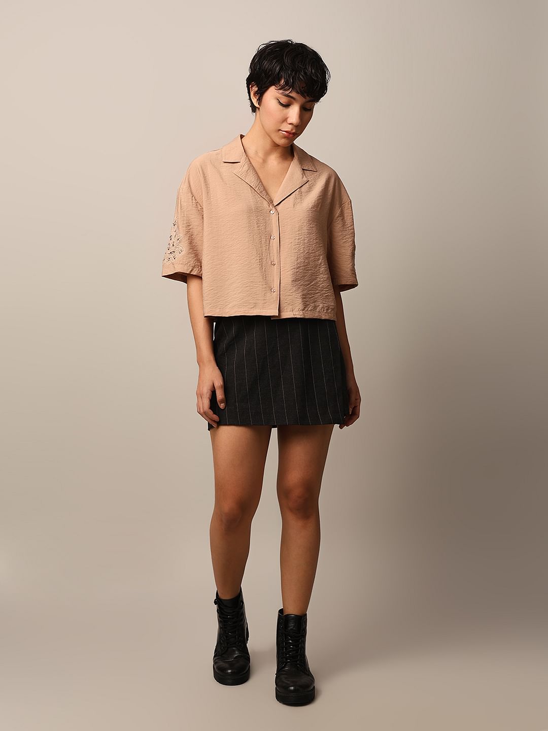 Brown Lace Insert Sleeves Shirt