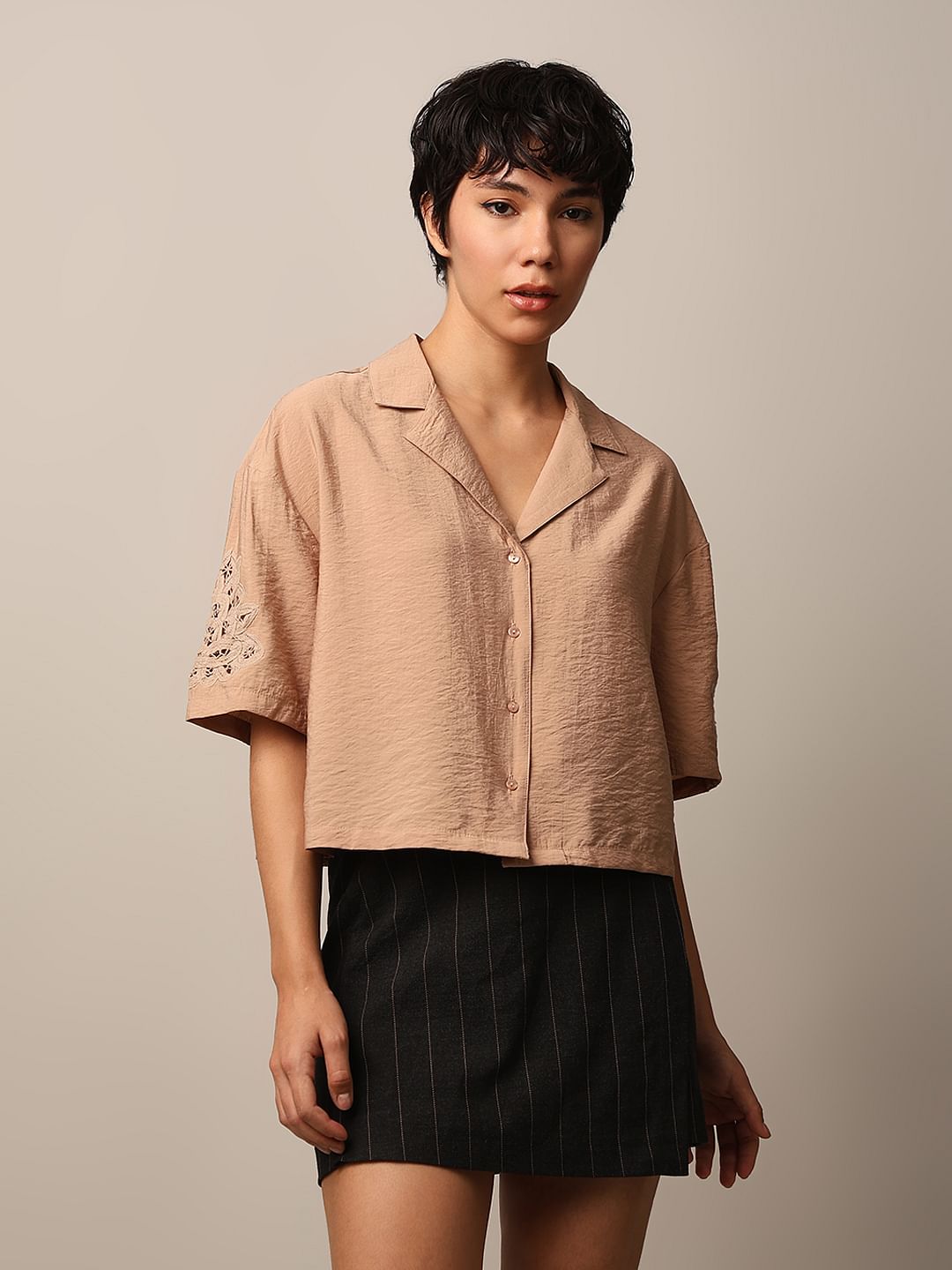 Brown Lace Insert Sleeves Shirt