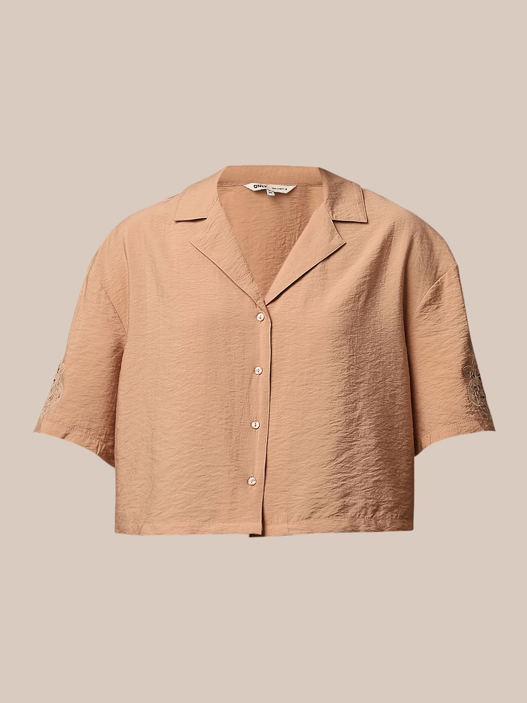 Brown Lace Insert Sleeves Shirt