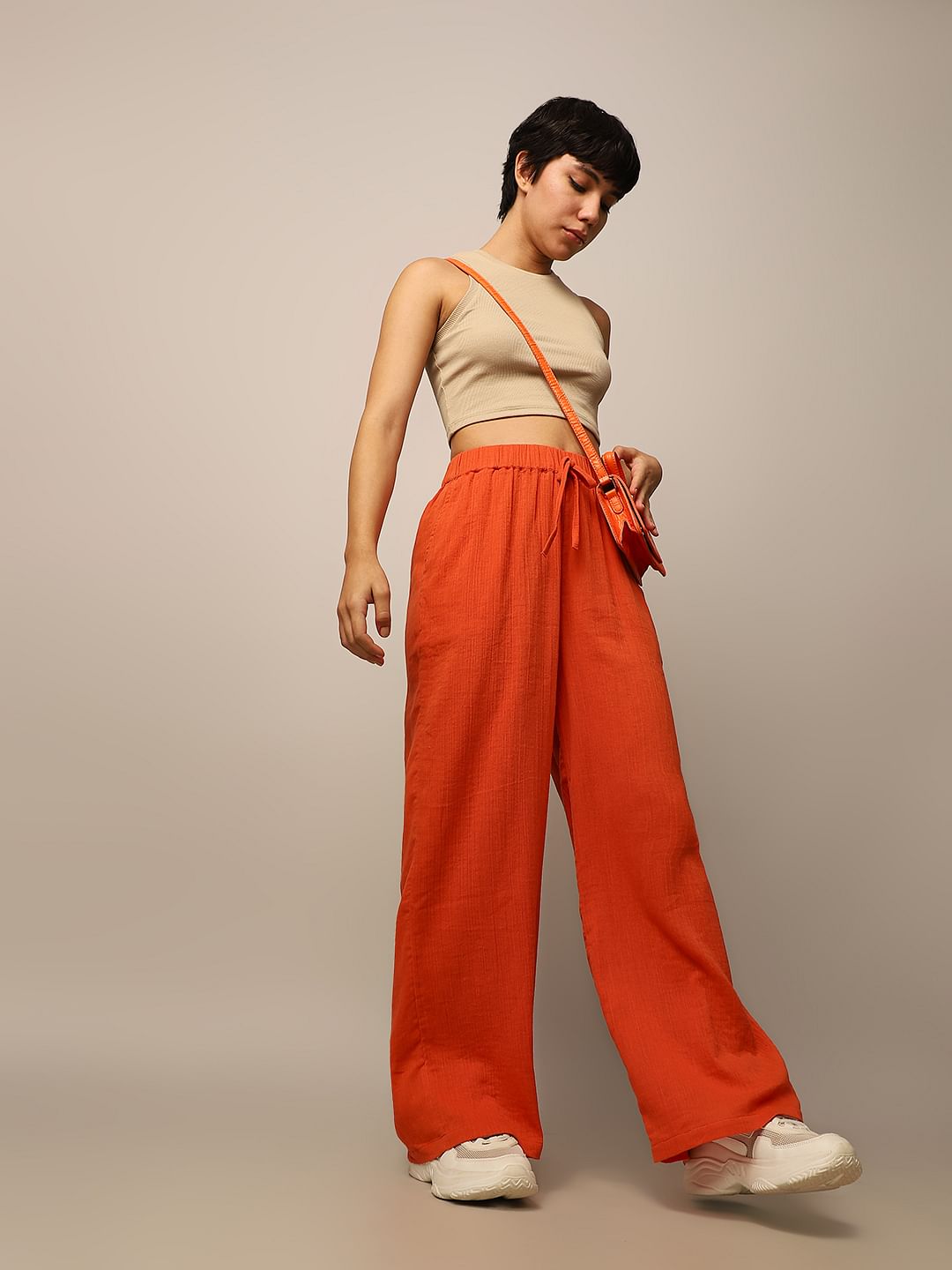 Orange Textured Pull On Pants