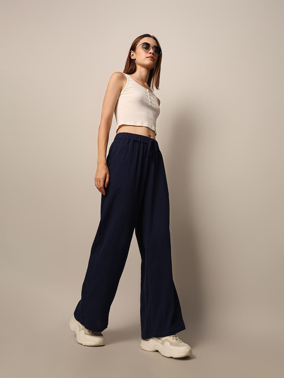 Dark Blue Regular Textured Pant