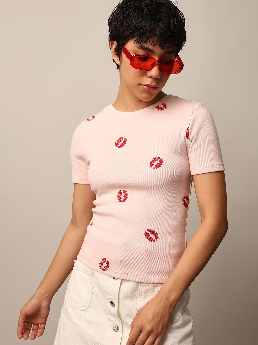 Pink Printed Ribbed Top