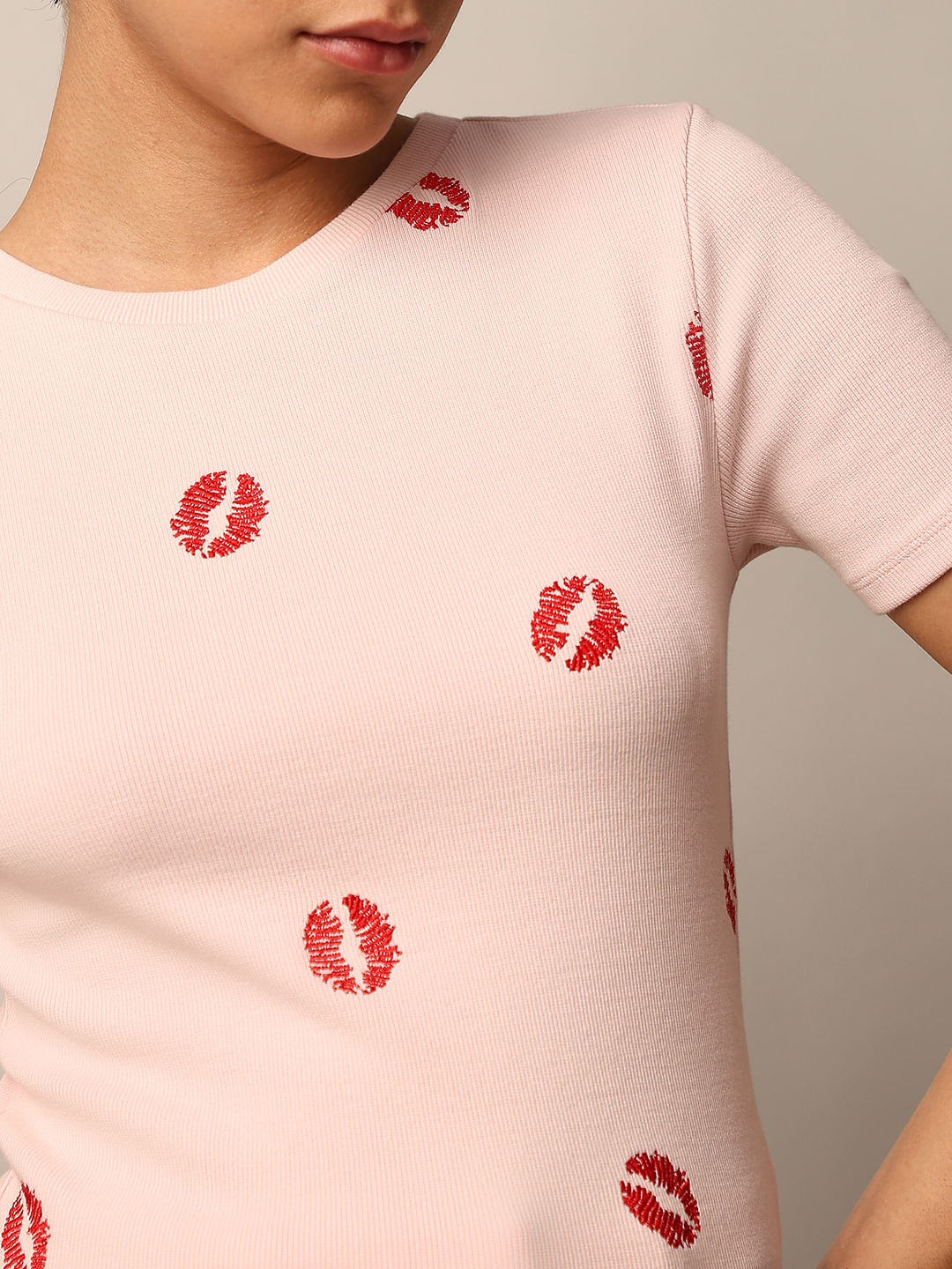 Pink Printed Ribbed Top