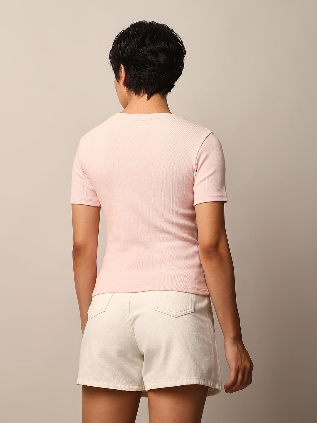 Pink Printed Ribbed Top