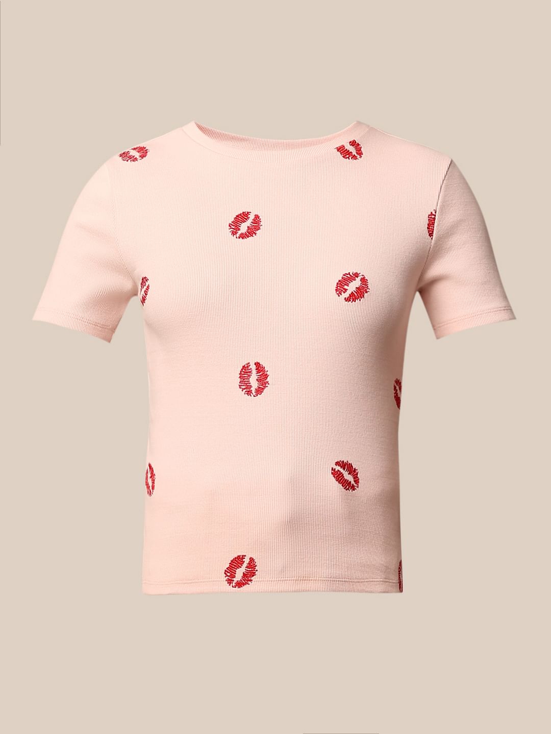 Pink Printed Ribbed Top