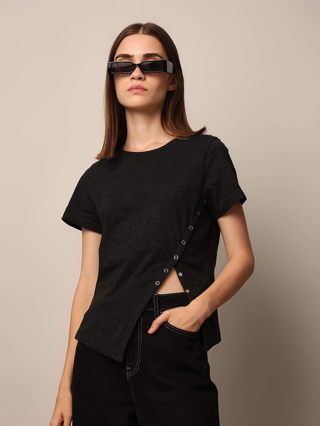 Black Self Design T-Shirt