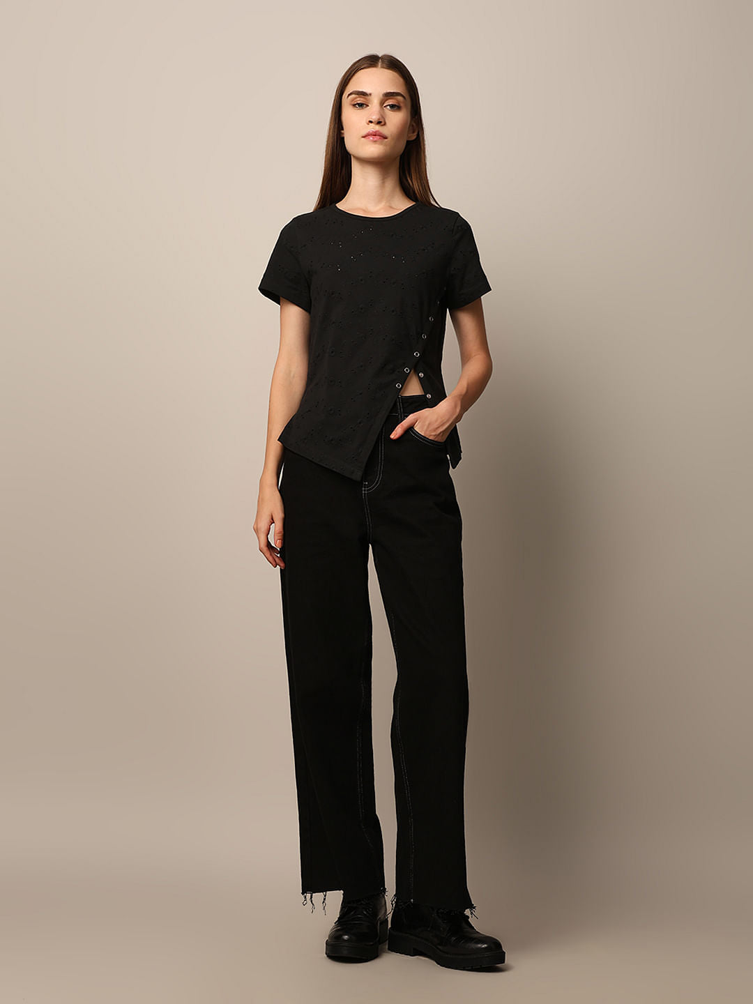 Black Self Design T-Shirt