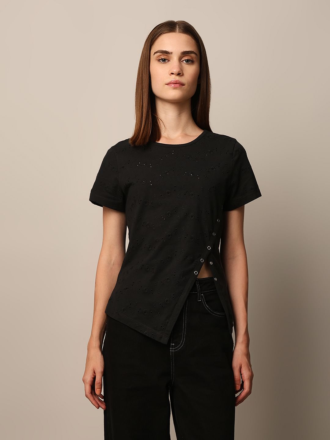 Black Self Design T-Shirt