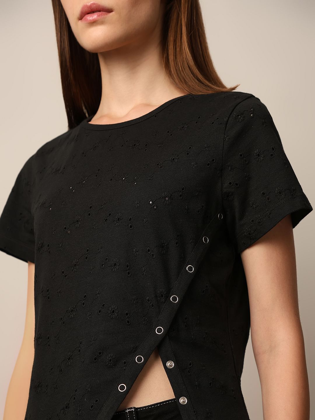 Black Self Design T-Shirt