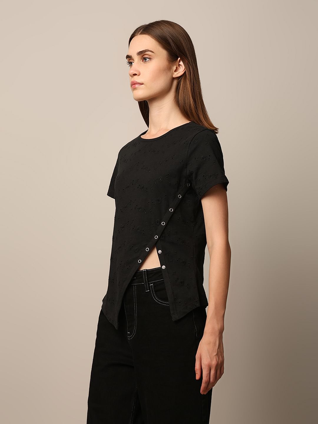 Black Self Design T-Shirt