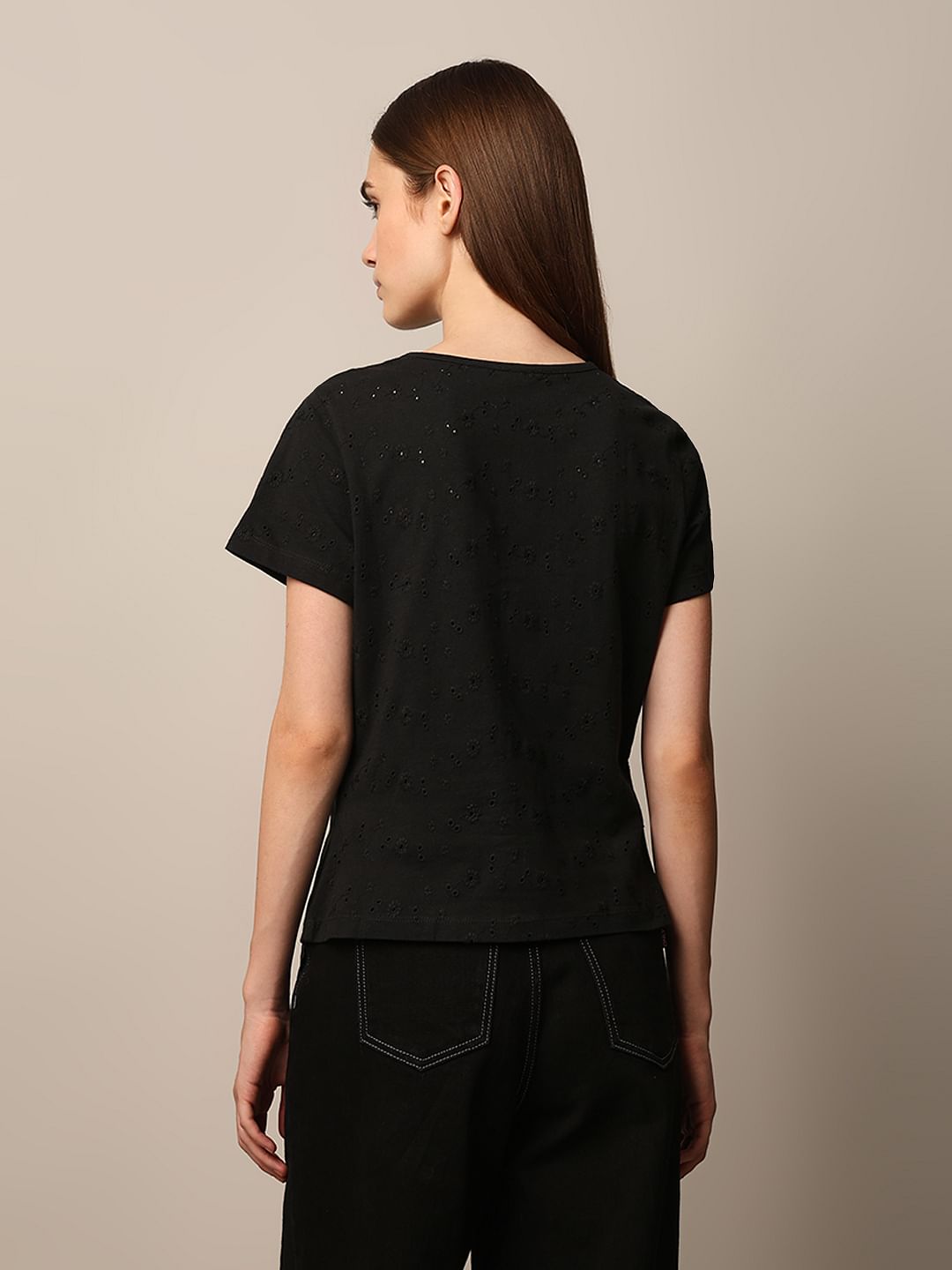 Black Self Design T-Shirt