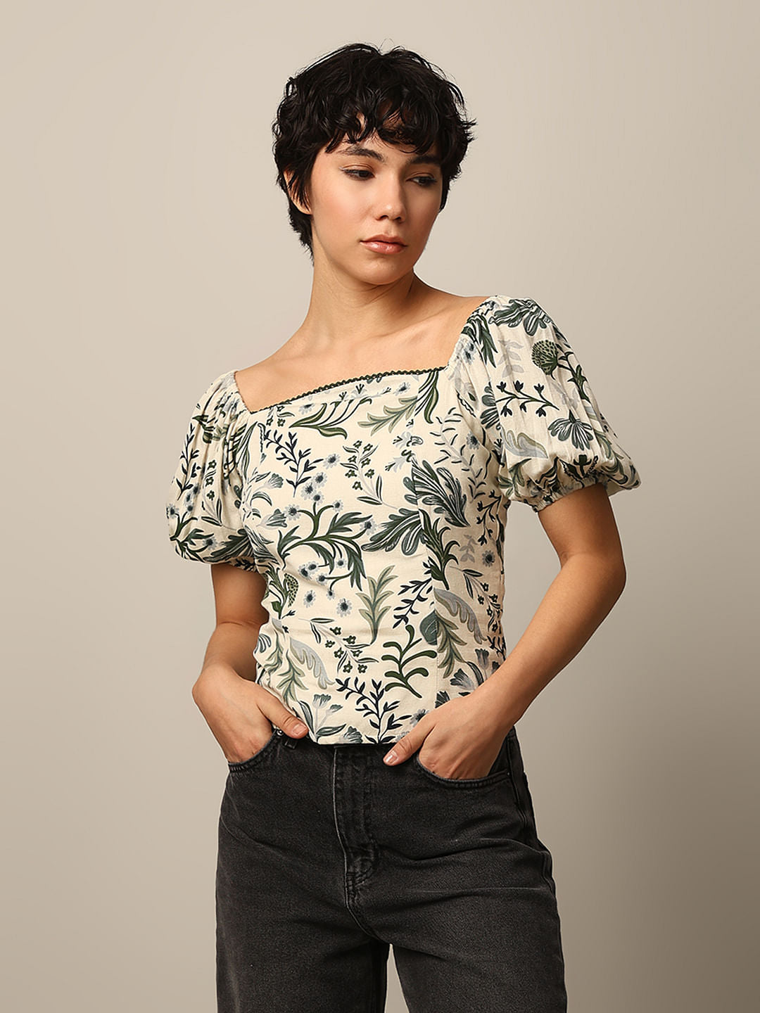 White Printed Puff Sleeves Top