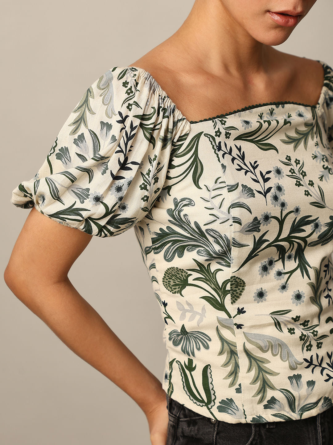 White Printed Puff Sleeves Top