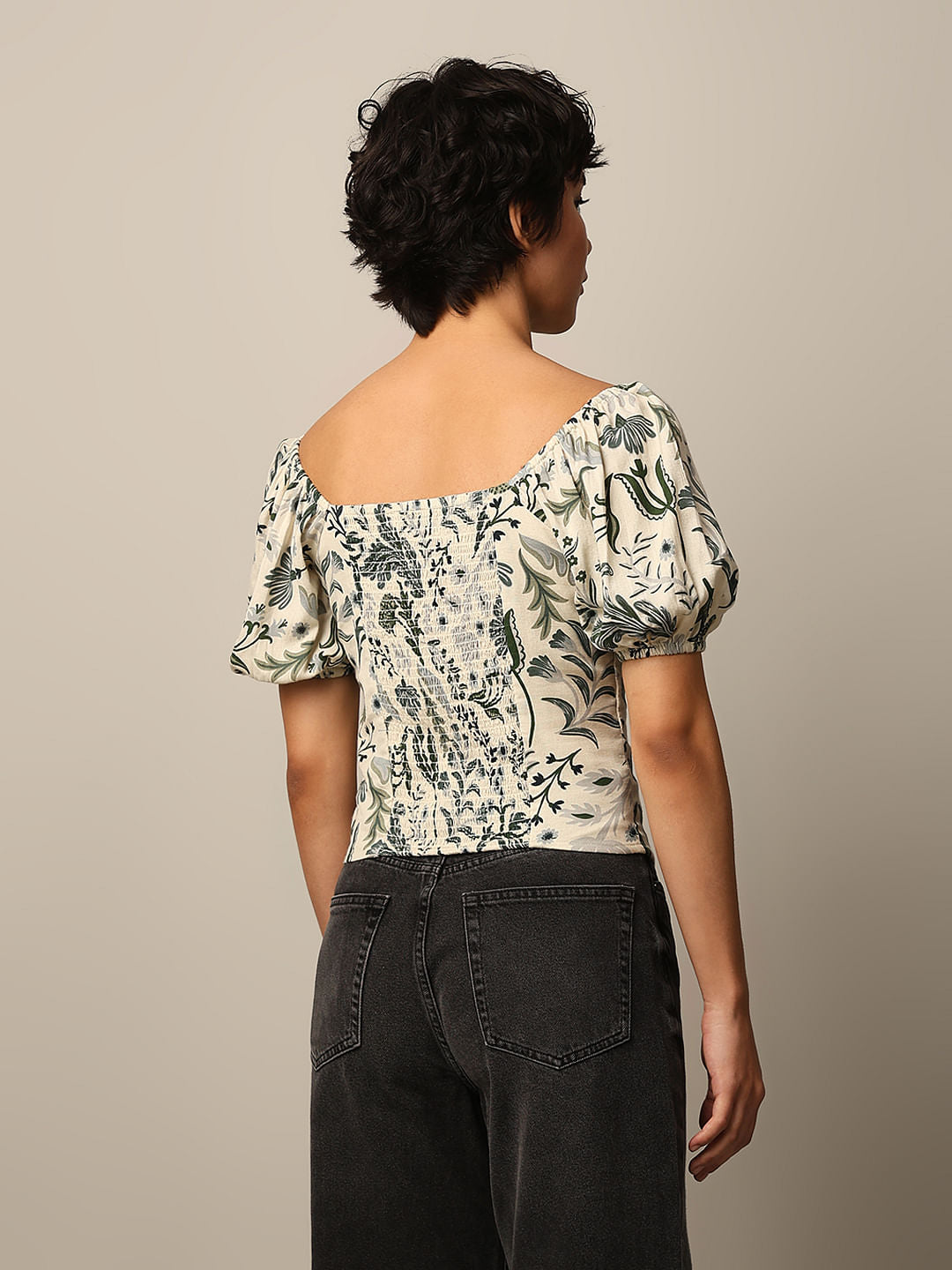 White Printed Puff Sleeves Top