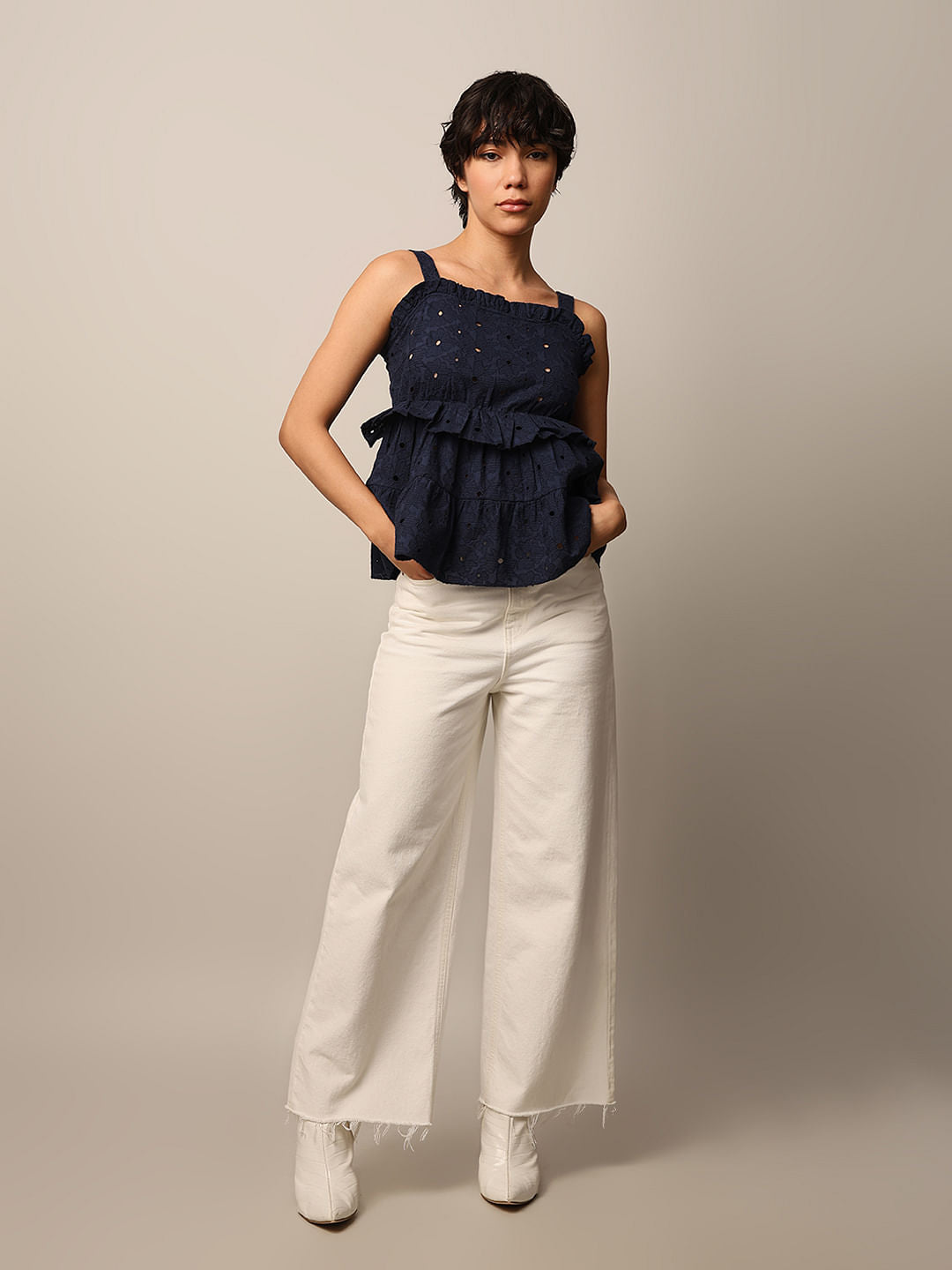 Dark Blue Strap Embroidered Top