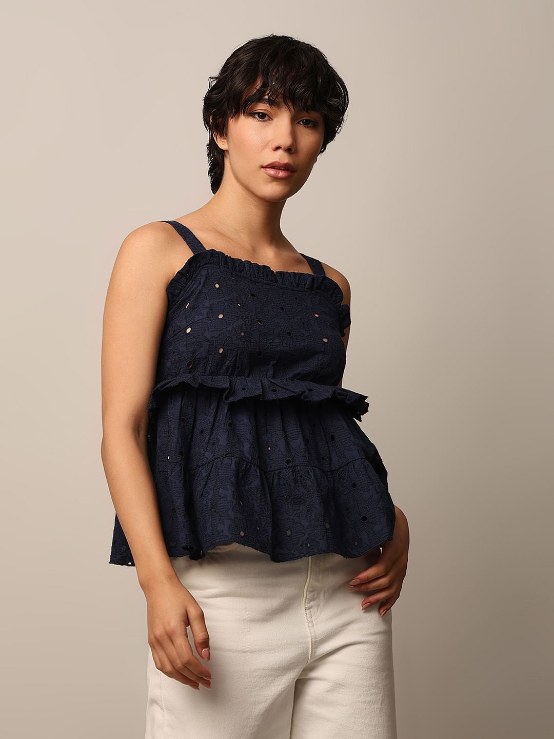 Dark Blue Strap Embroidered Top