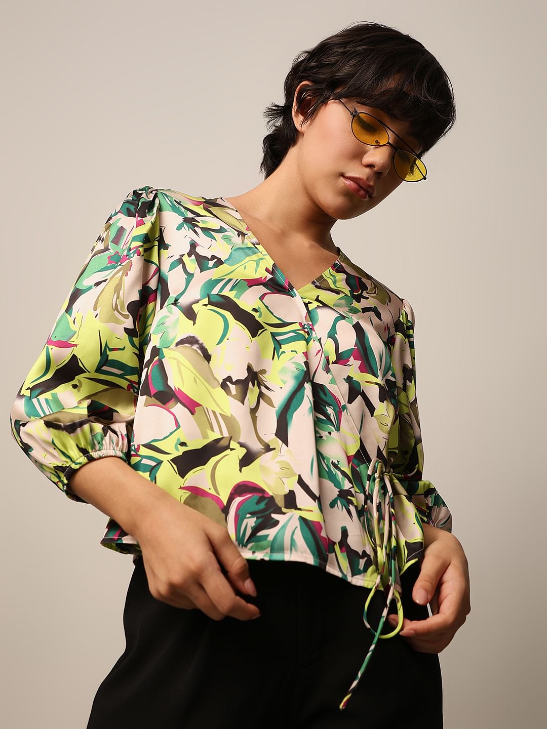 Green Floral Print Satin Wrap Top