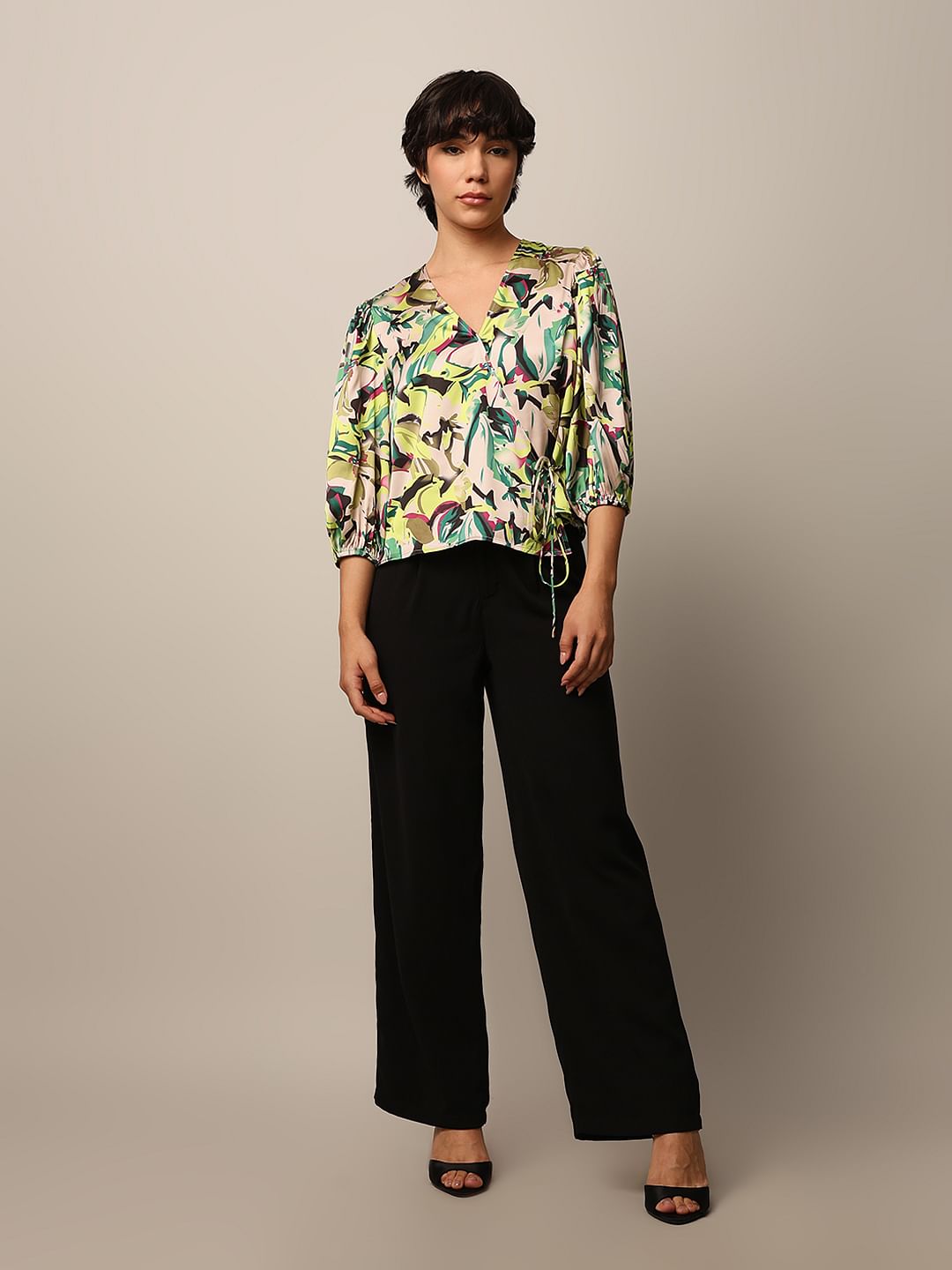 Green Floral Print Satin Wrap Top