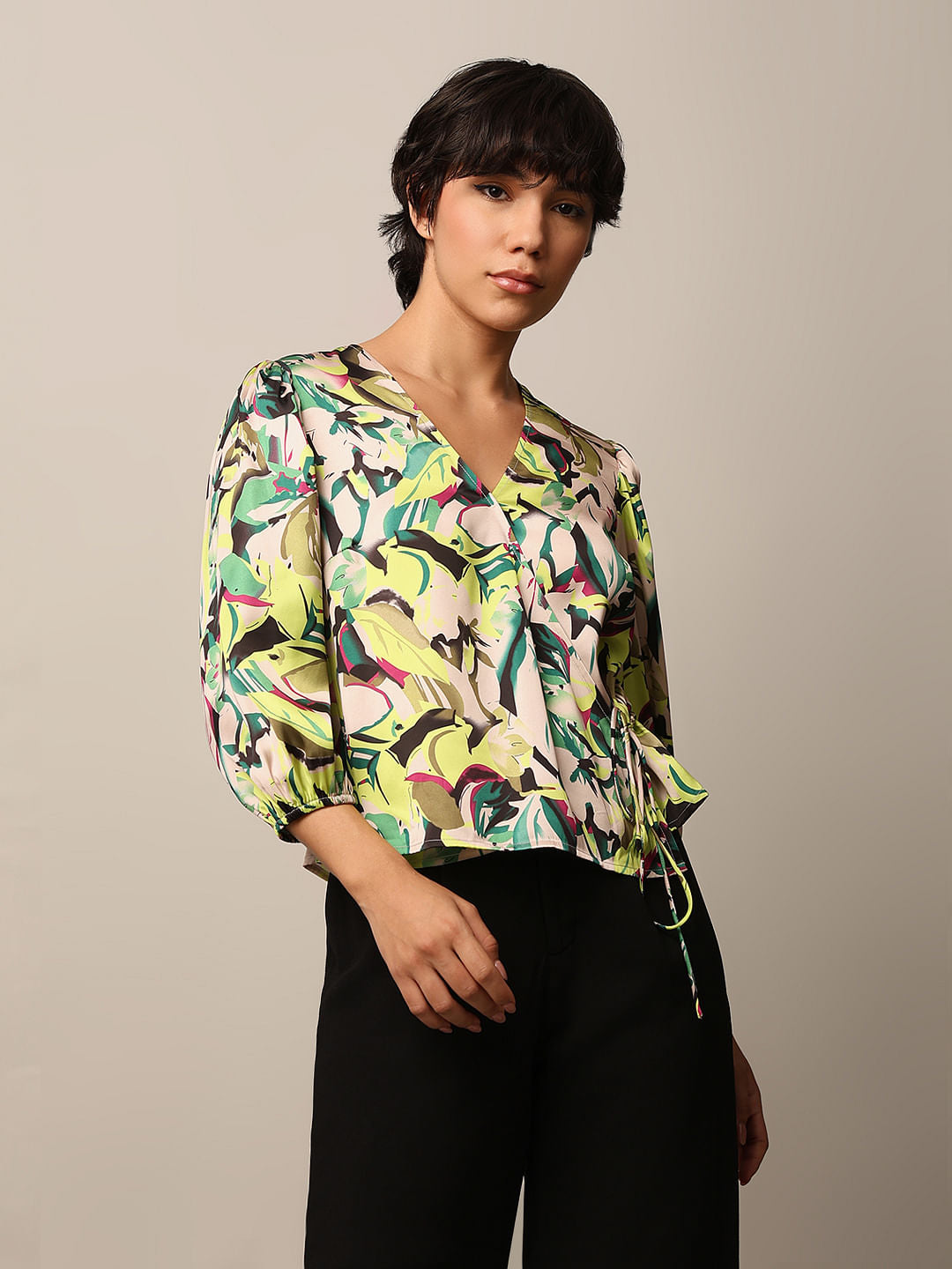 Green Floral Print Satin Wrap Top
