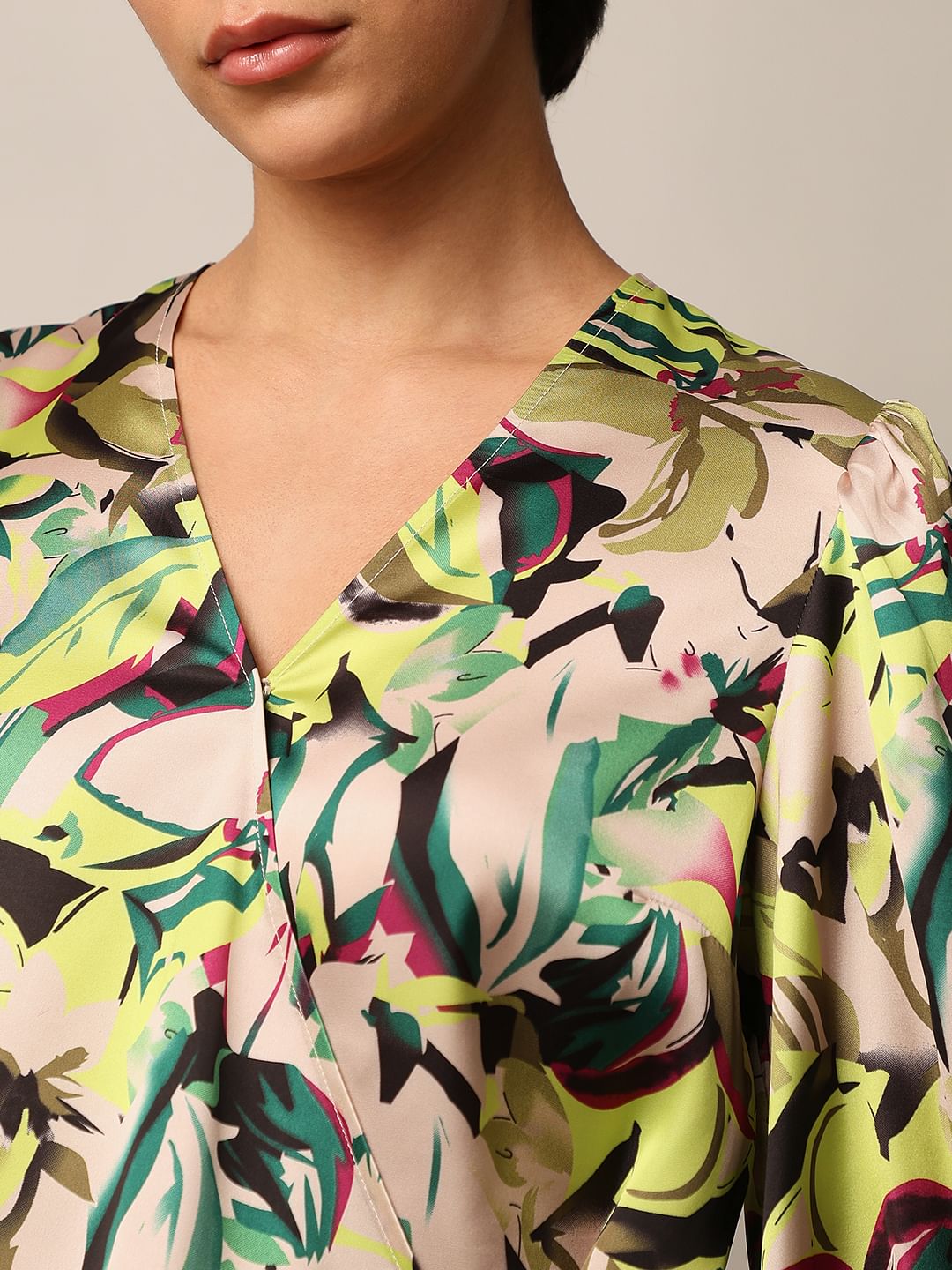 Green Floral Print Satin Wrap Top