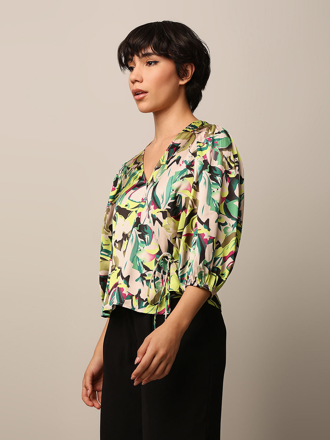 Green Floral Print Satin Wrap Top
