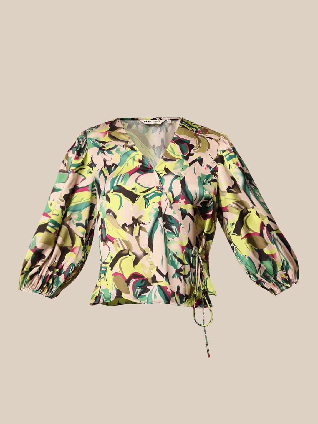 Green Floral Print Satin Wrap Top