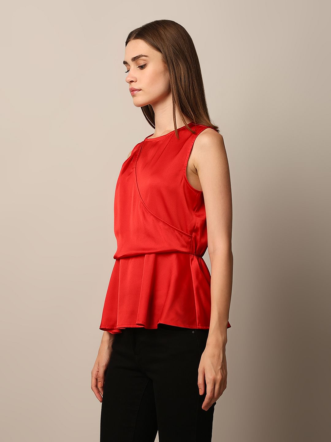 Red Satin Peplum Top
