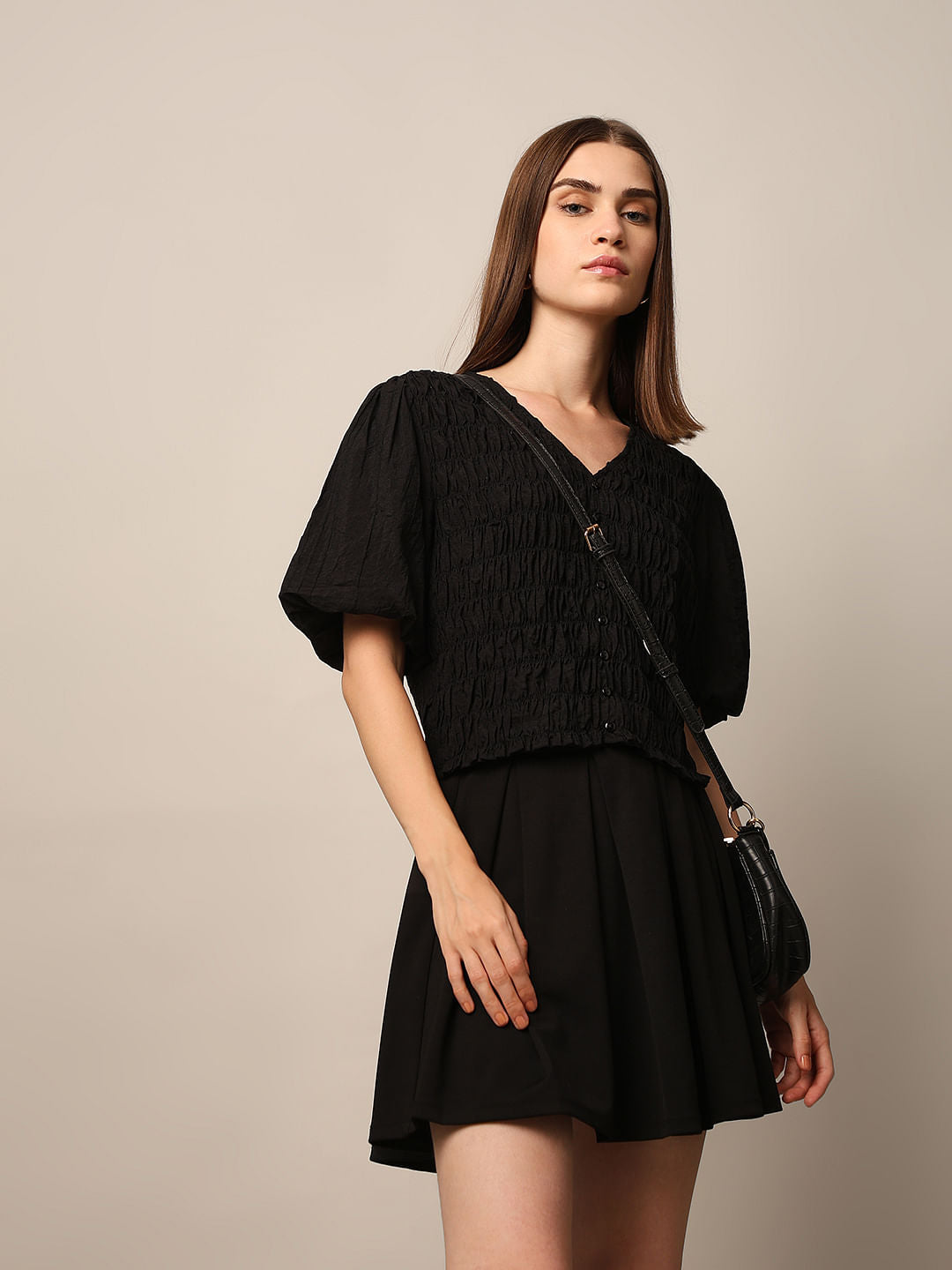 Black Smocked Cropped Top