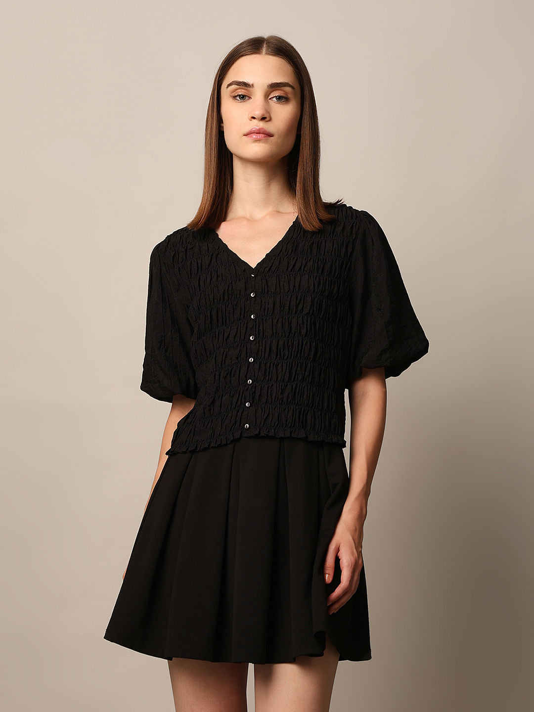 Black Smocked Cropped Top