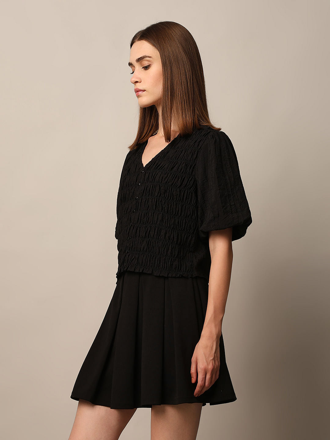 Black Smocked Cropped Top