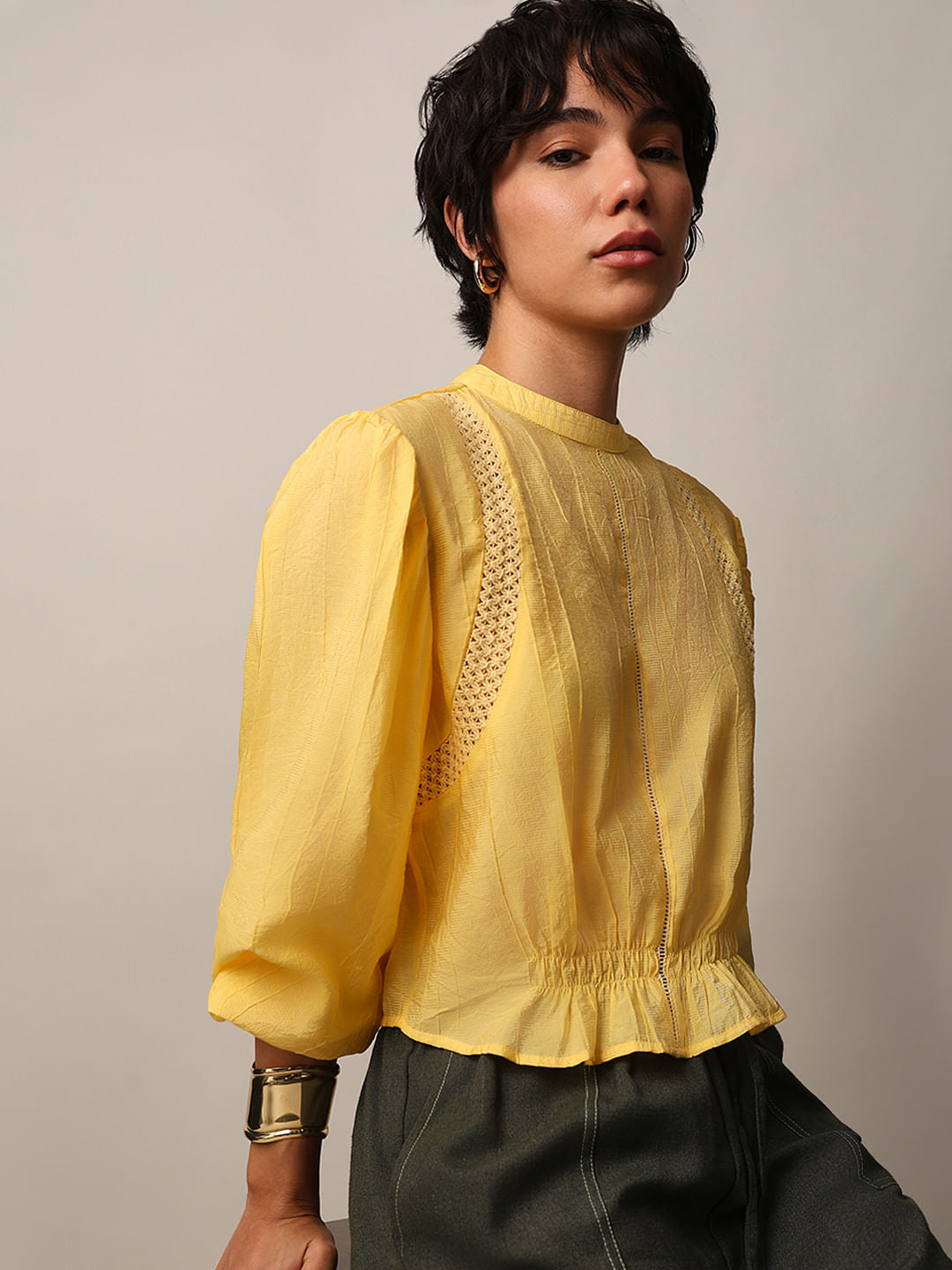 Yellow Lace Insert Textured Top