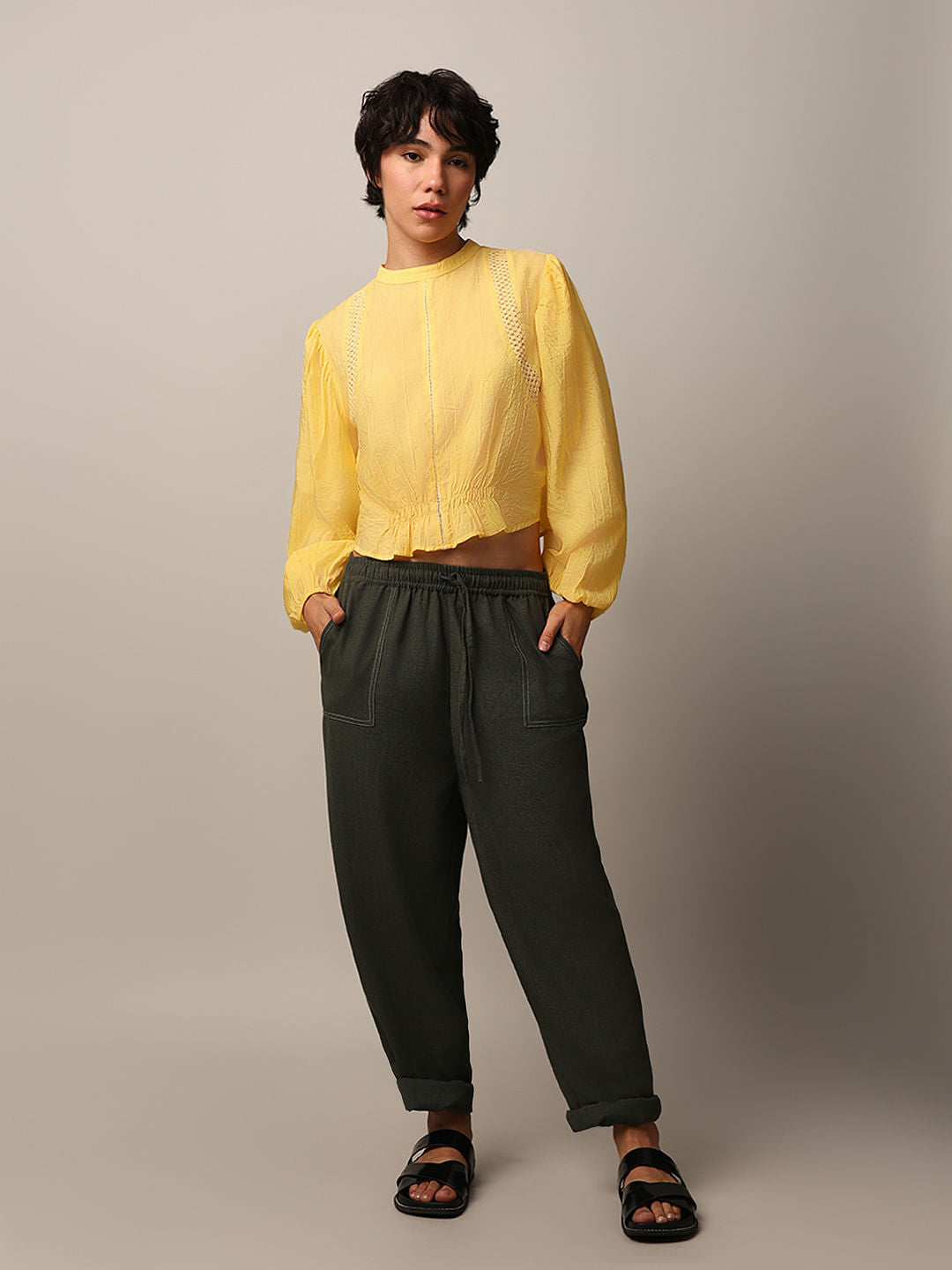 Yellow Lace Insert Textured Top