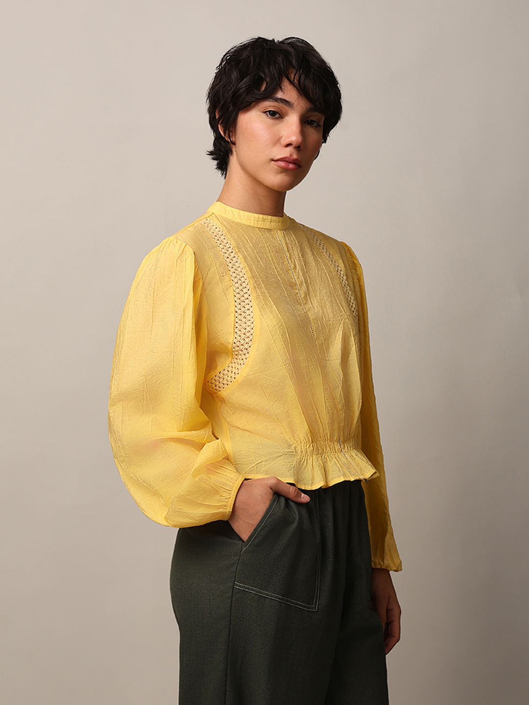 Yellow Lace Insert Textured Top