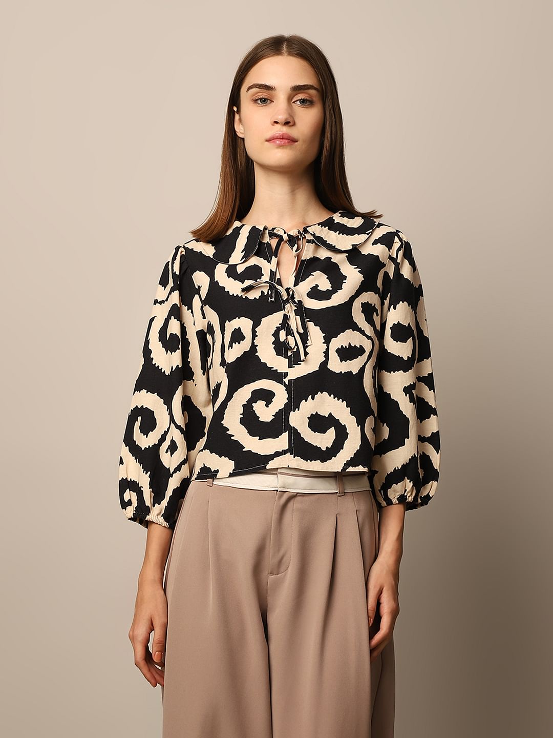 Black Printed Tie Detail Top