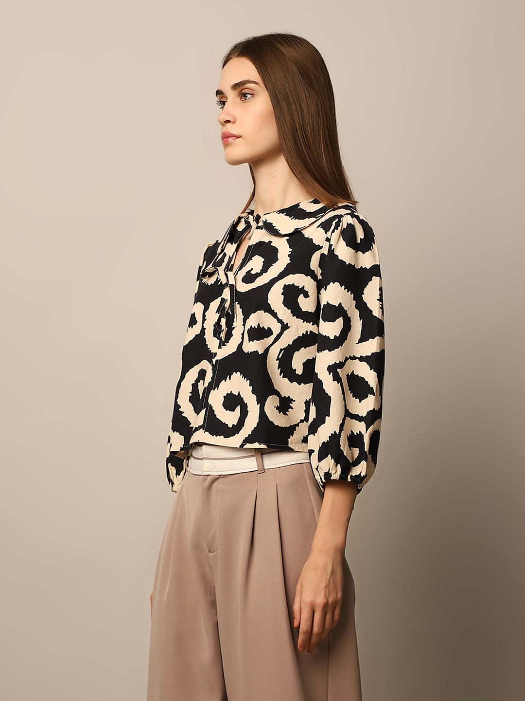 Black Printed Tie Detail Top