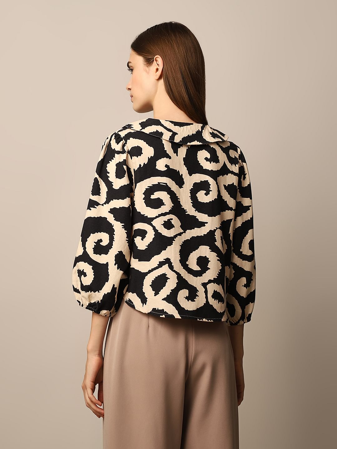 Black Printed Tie Detail Top