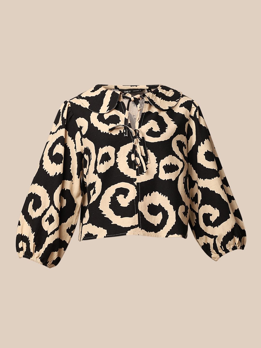 Black Printed Tie Detail Top