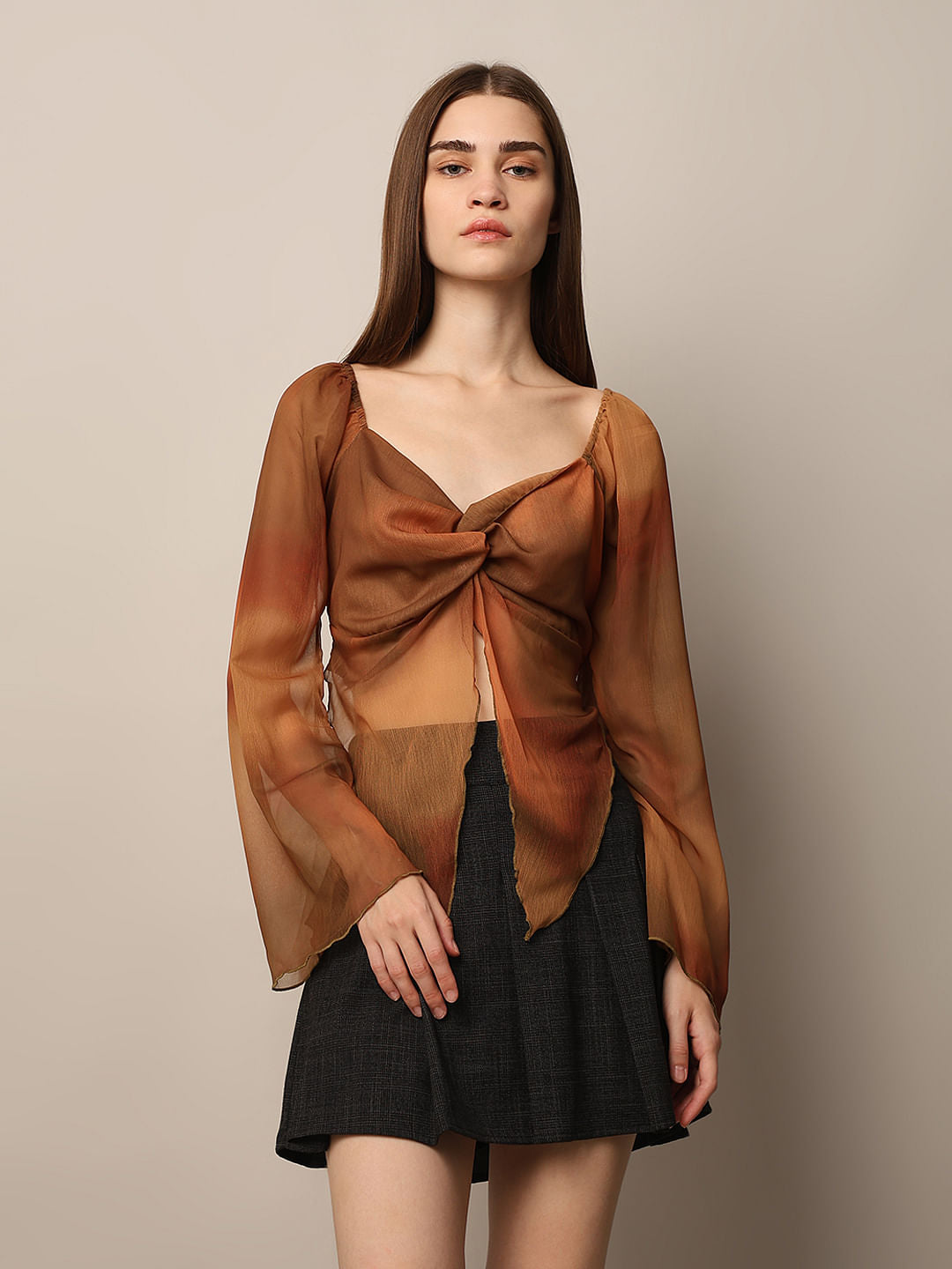 Brown Knot Detail Chiffon Top