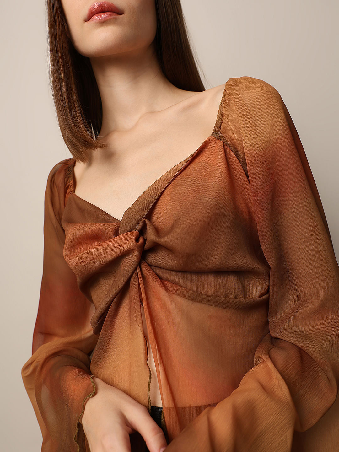 Brown Knot Detail Chiffon Top