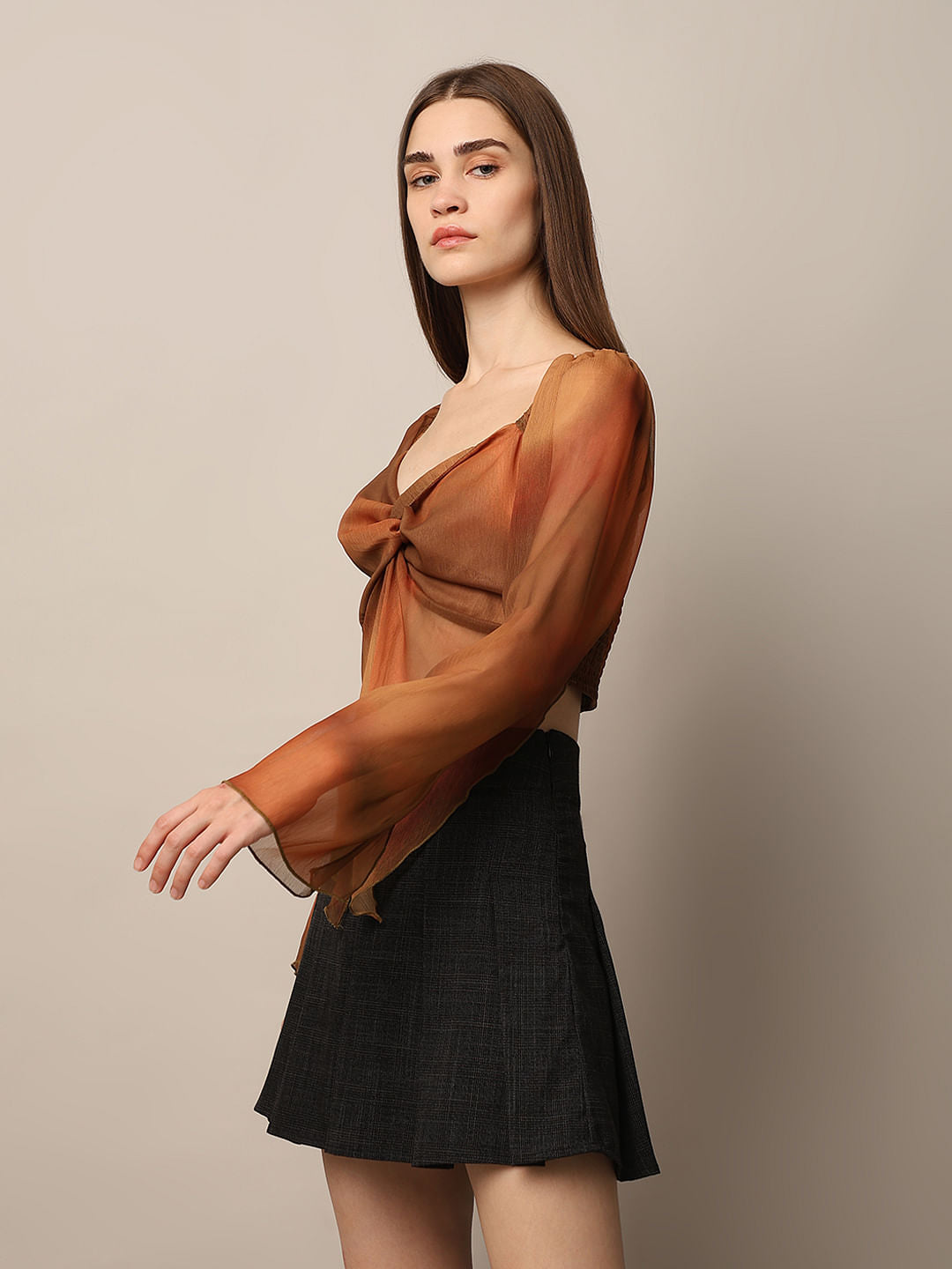 Brown Knot Detail Chiffon Top