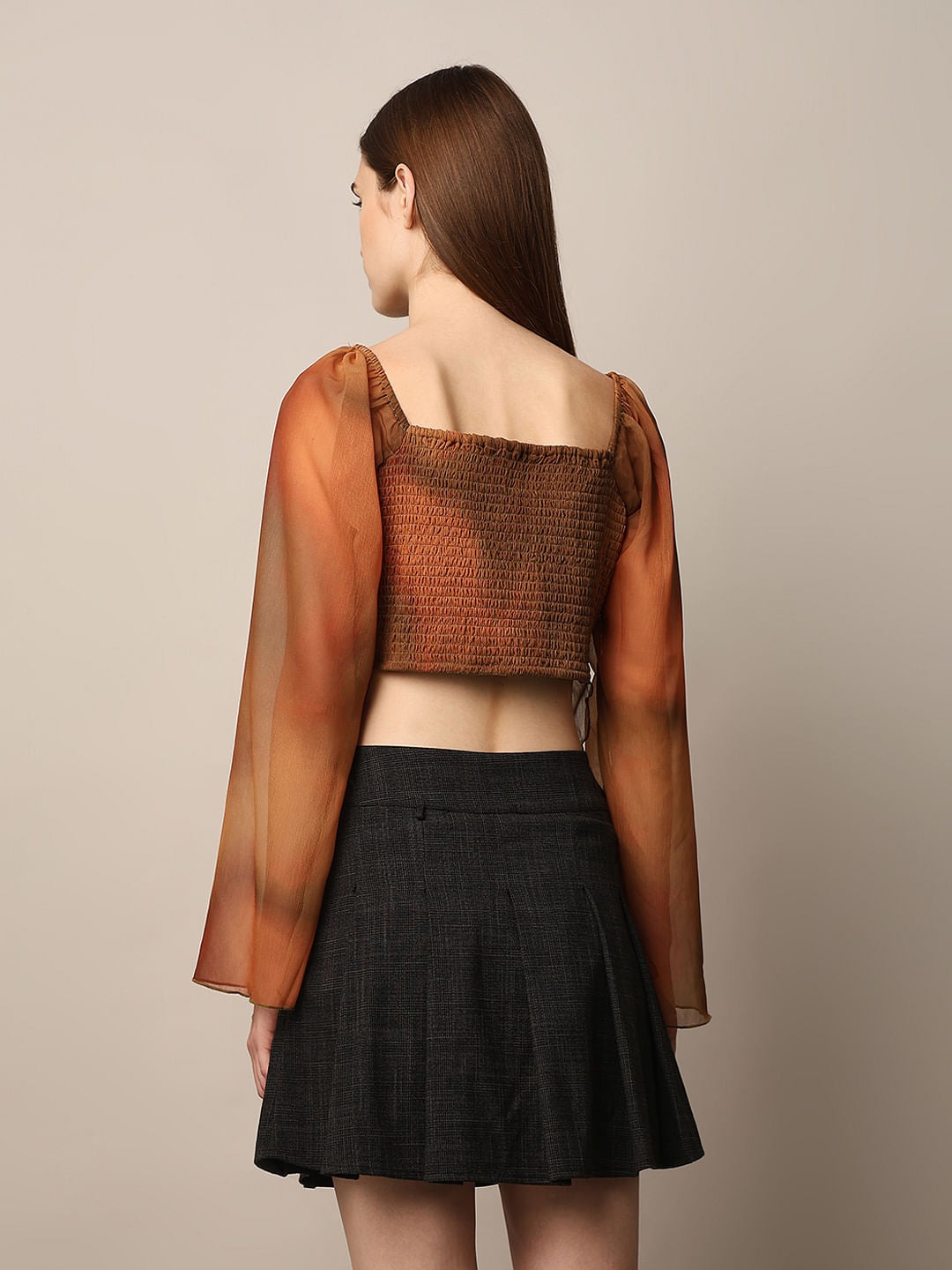 Brown Knot Detail Chiffon Top