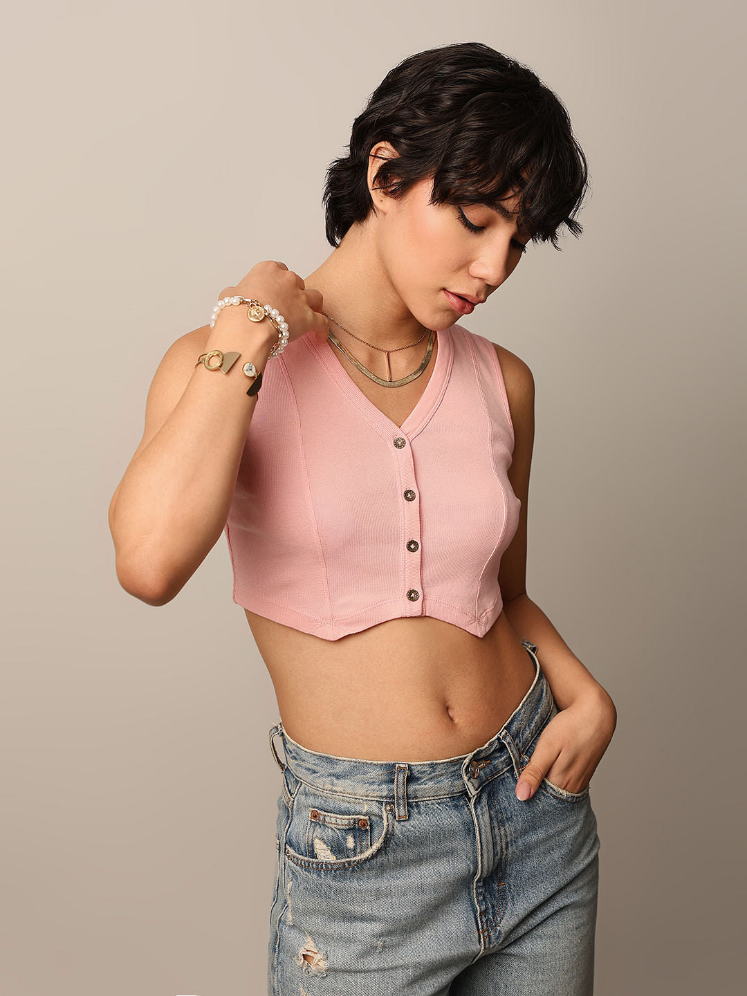 PINK FITTED CROPPED TOP