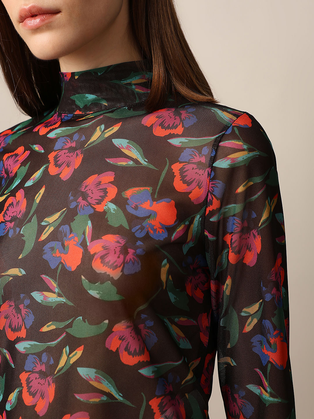 Black Printed Fitted Mesh Top