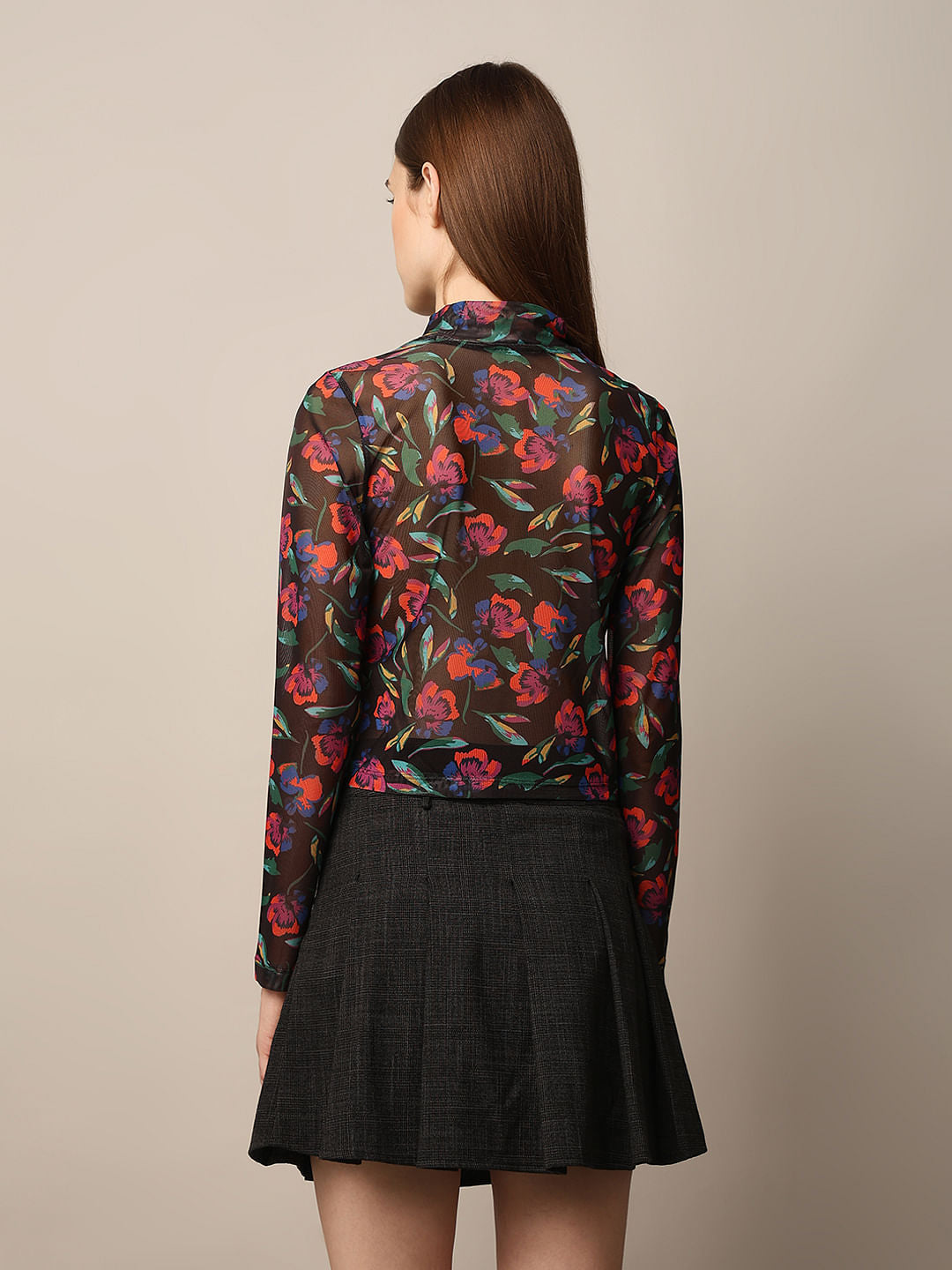 Black Printed Fitted Mesh Top