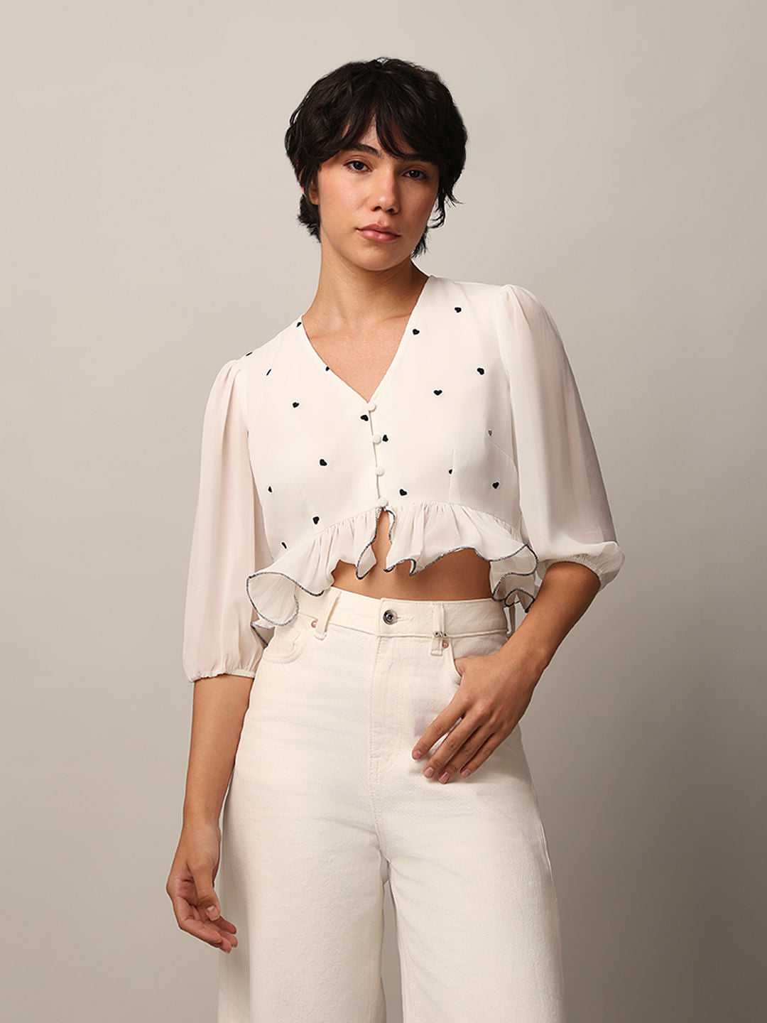 White Embroidered Crop Top