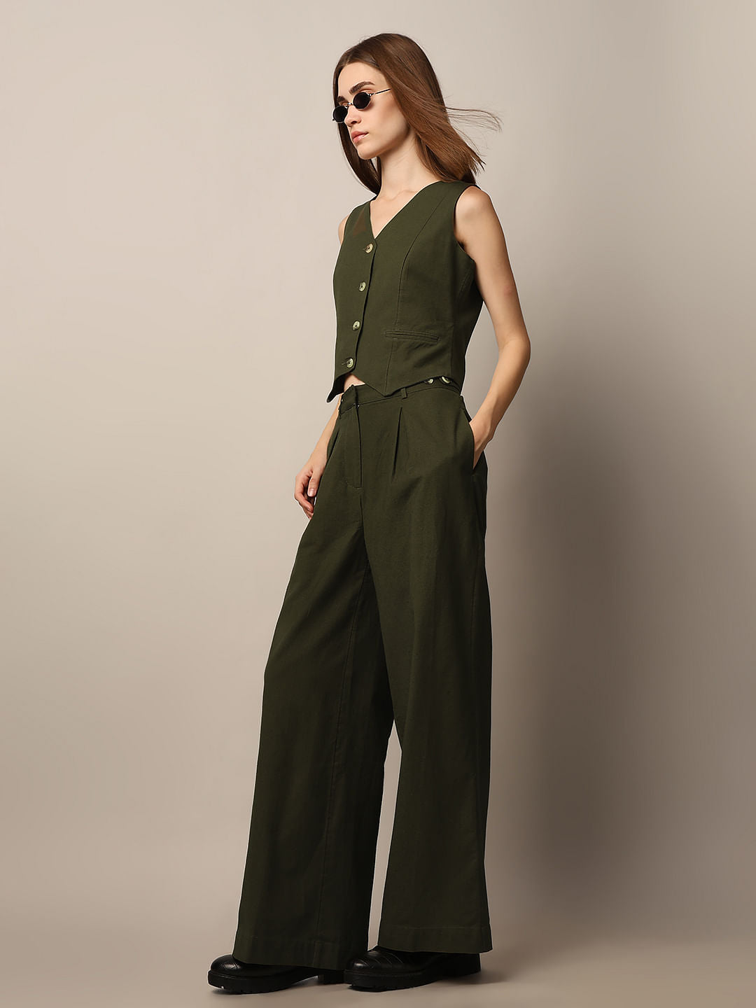 Dark Green Co-Ord Set Straight Pants