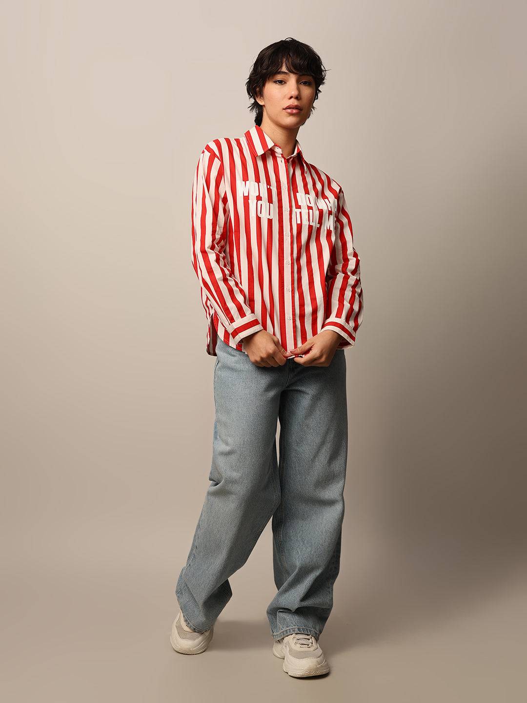 Slogan Print Striped Shirt