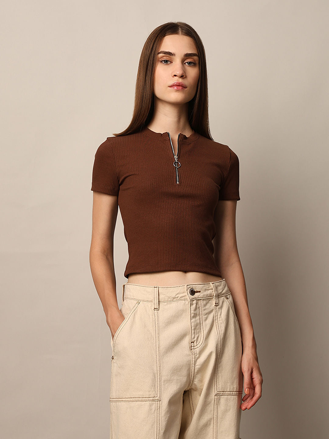 Brown Zip Neck Top